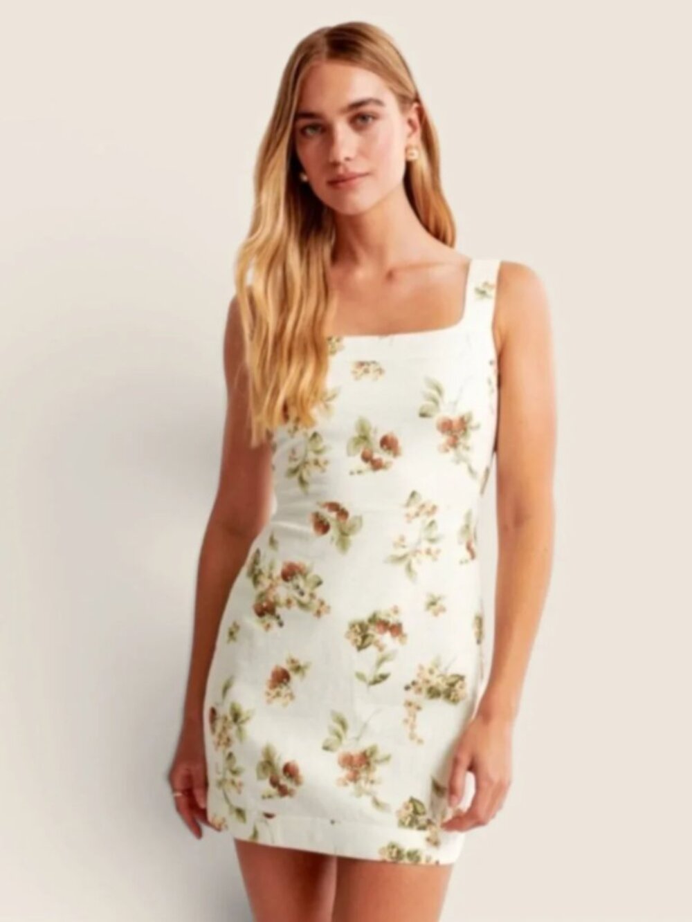 Abercrombie & Fitch White Strawberry Print Linen Blend Wide Strap Mini Dress L